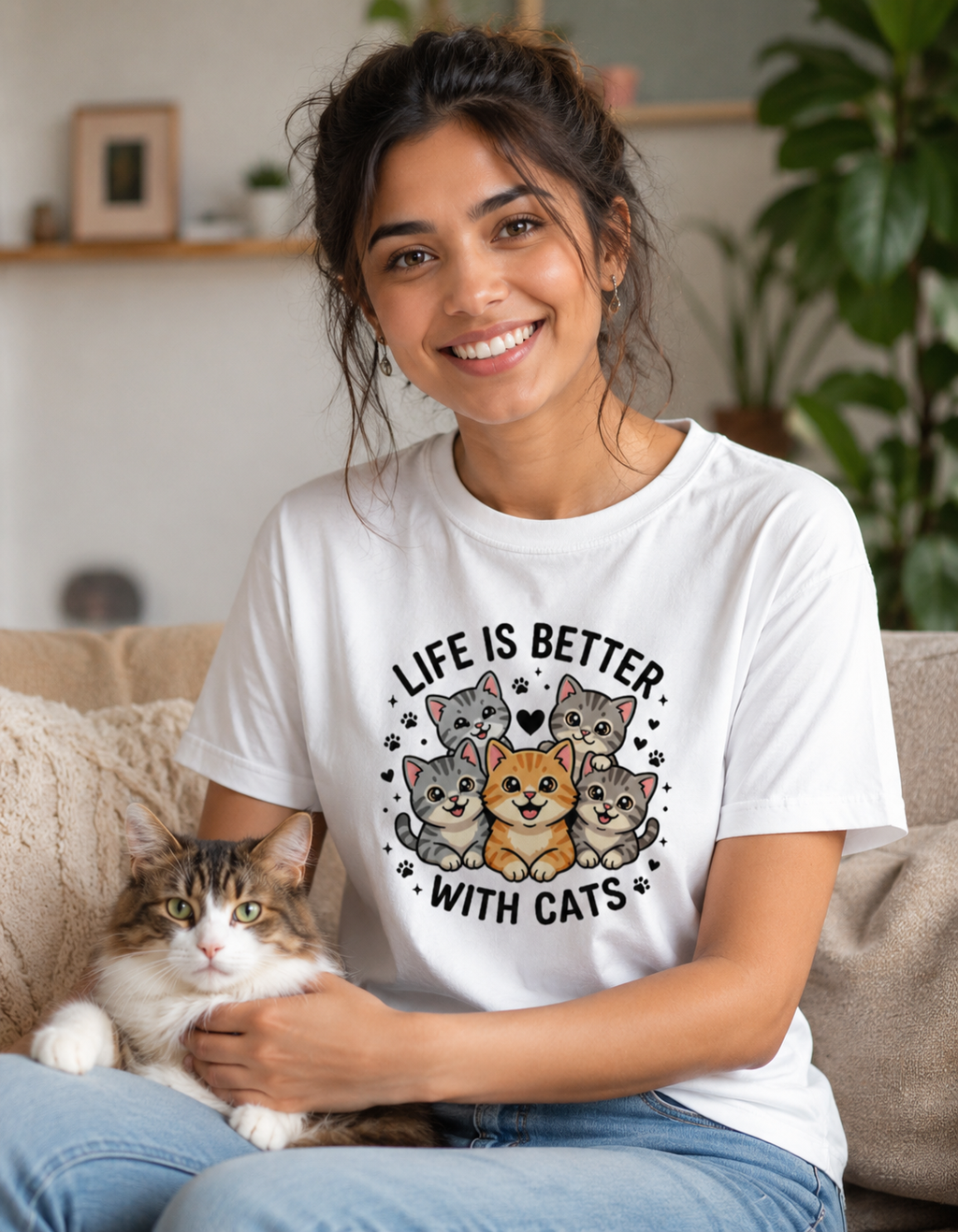 Life Is Better With Cats T-Shirt | Cute Cat Lover Unisex Crew Tee